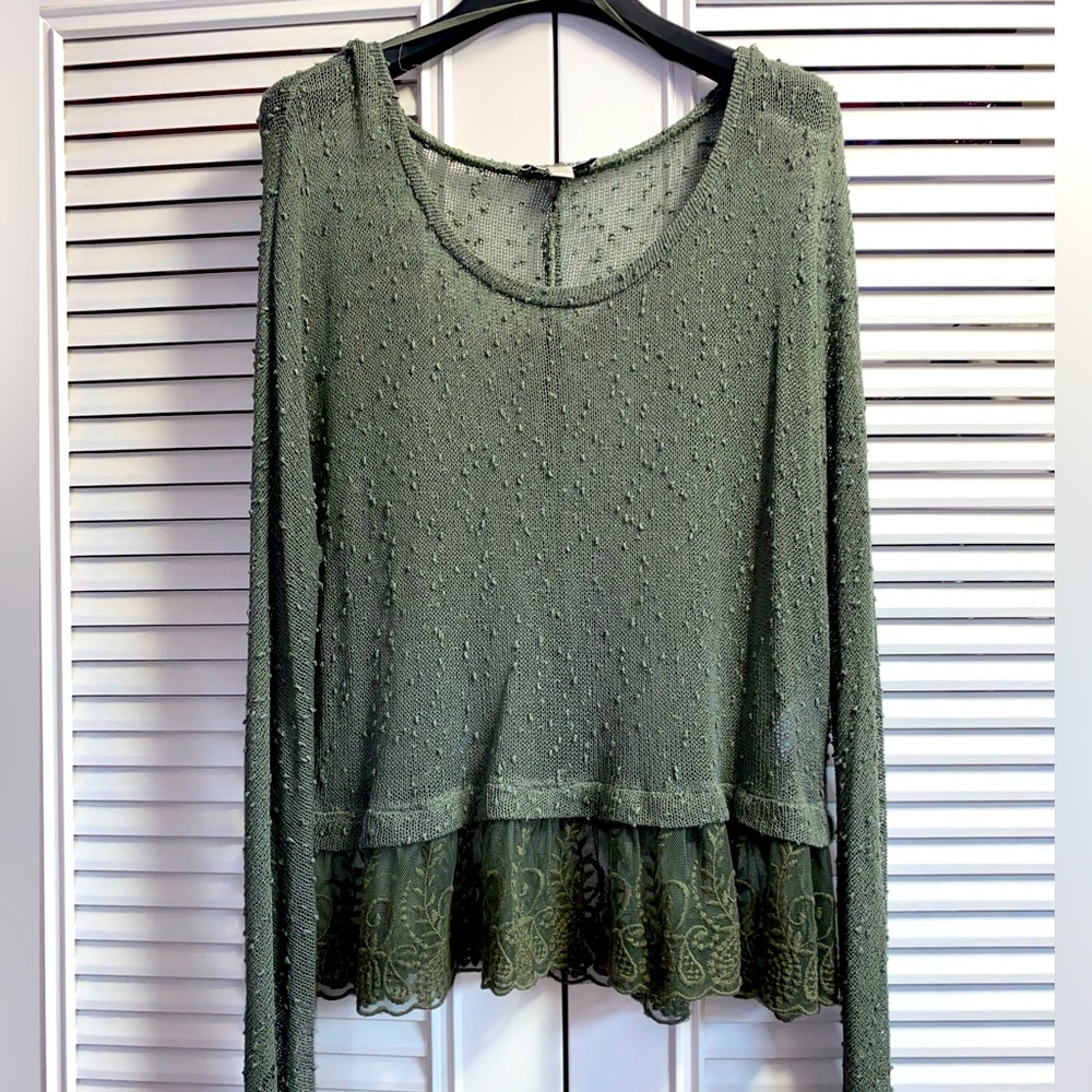 American Eagle Outfitters Women’s Sheer Lace Peplum Olive Green Long Sleeve Top